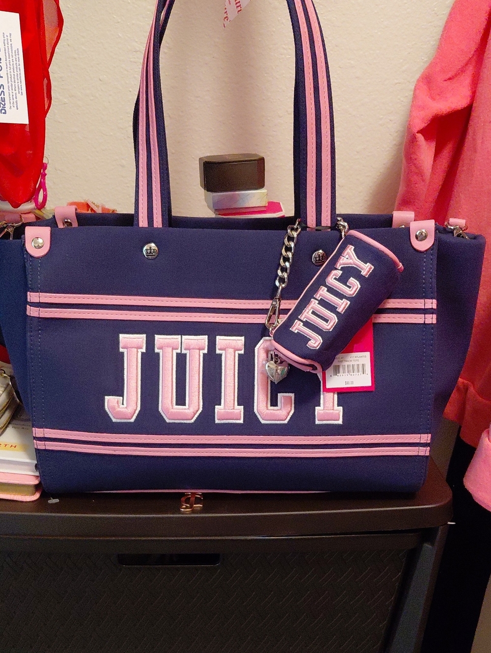 Juicy Couture Navy and Pink Logo Tote with Detachable Pouch